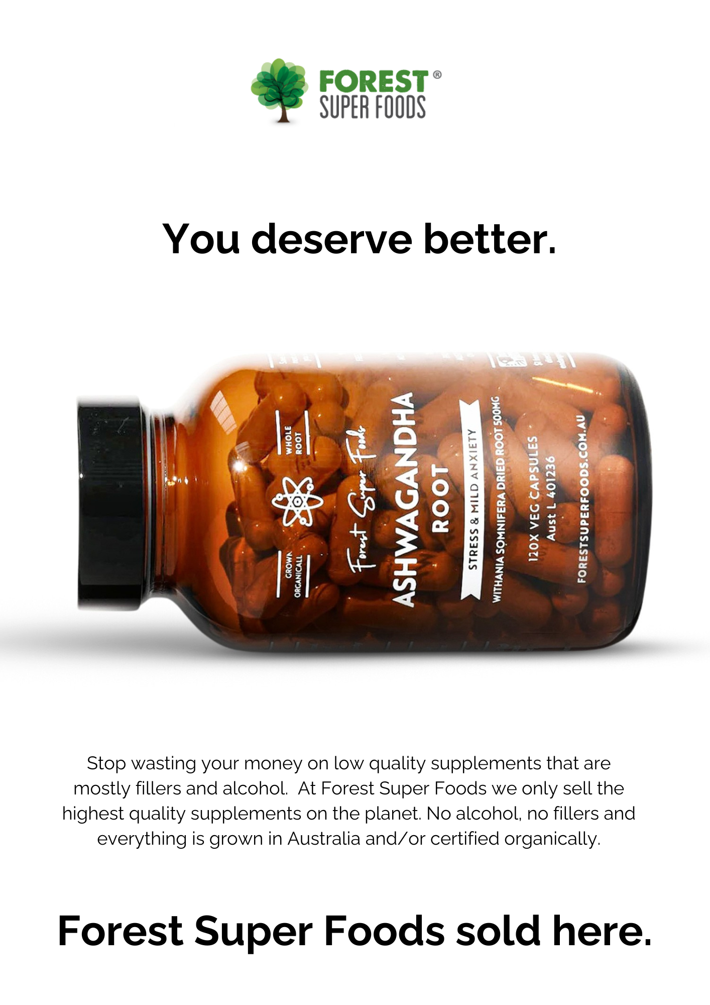 Wholesale Instore Posters promoting Forest Super Foods Ashwagandha Root capsules with organic quality assurance