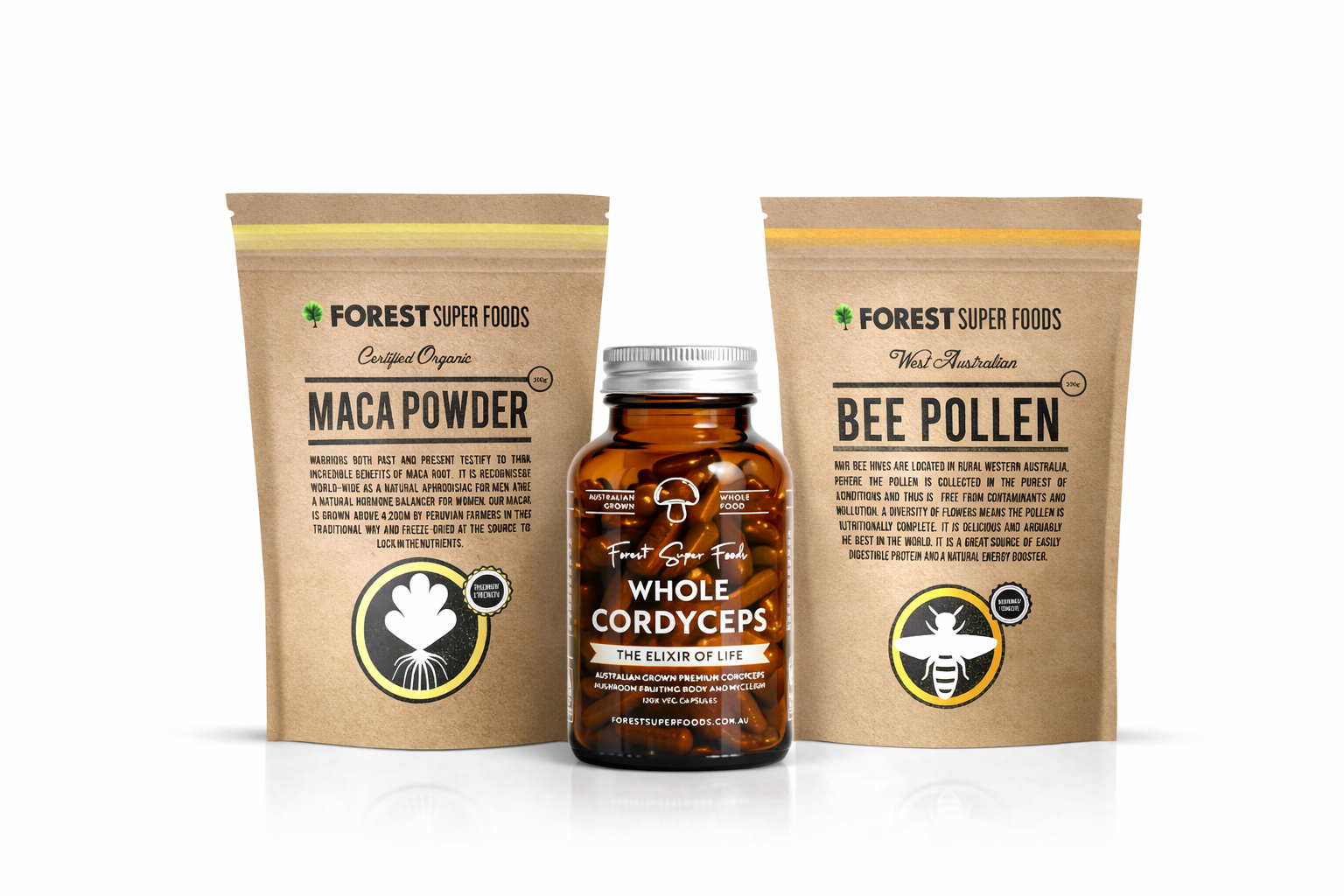 Energy Booster Bundle featuring Forest Super Foods Yellow Maca Powder, Whole Cordyceps capsules, and Bee Pollen pouch