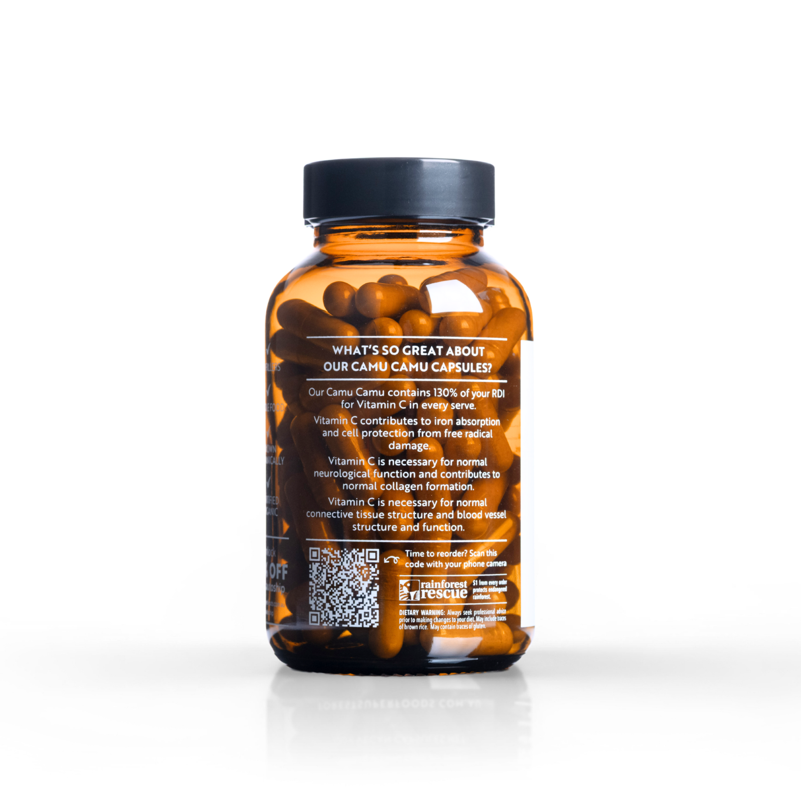 Back view of Certified Organic Camu Camu Berry Capsules bottle showing health benefits and QR code on amber container