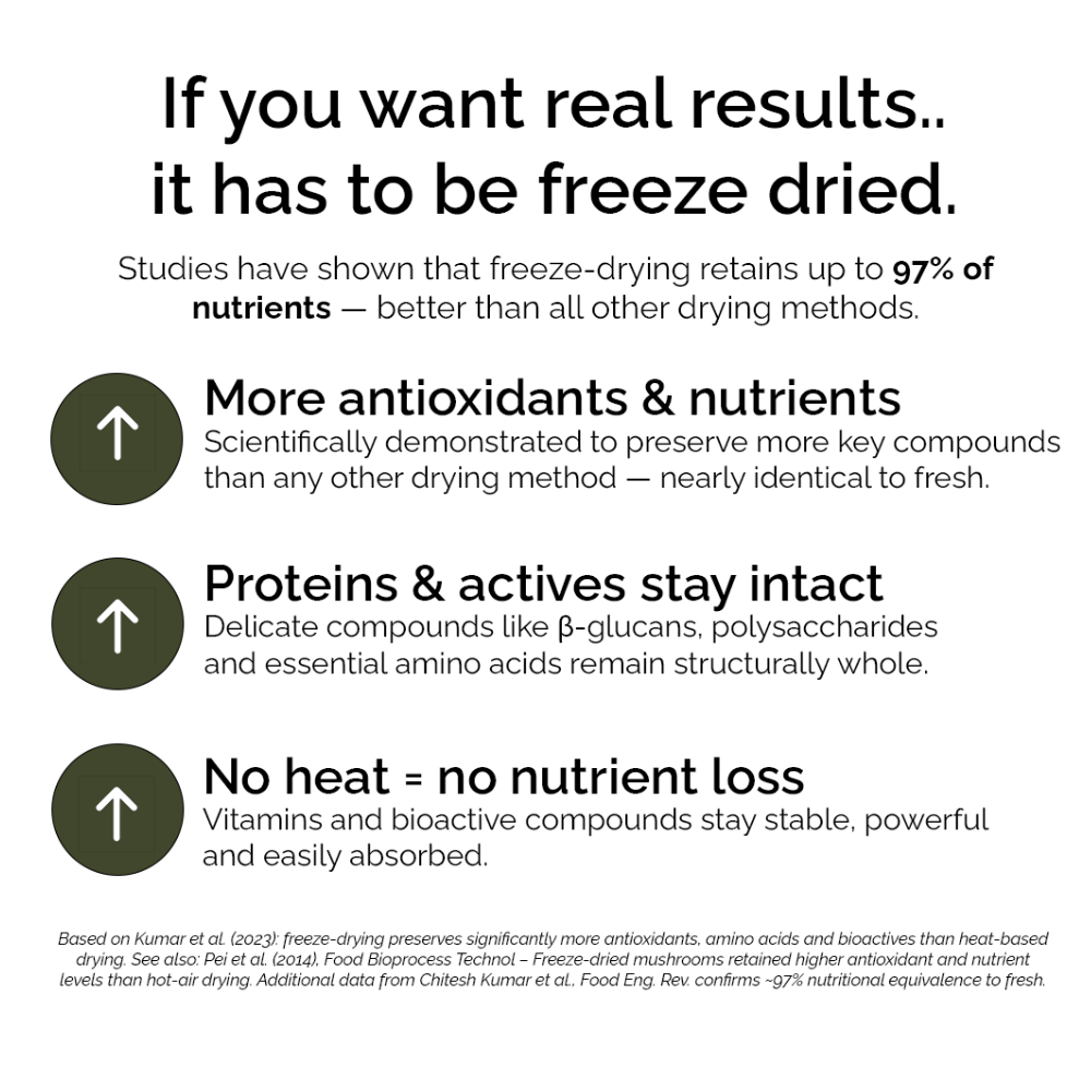 Text about freeze-drying benefits including nutrient retention and preservation of antioxidants and proteins.