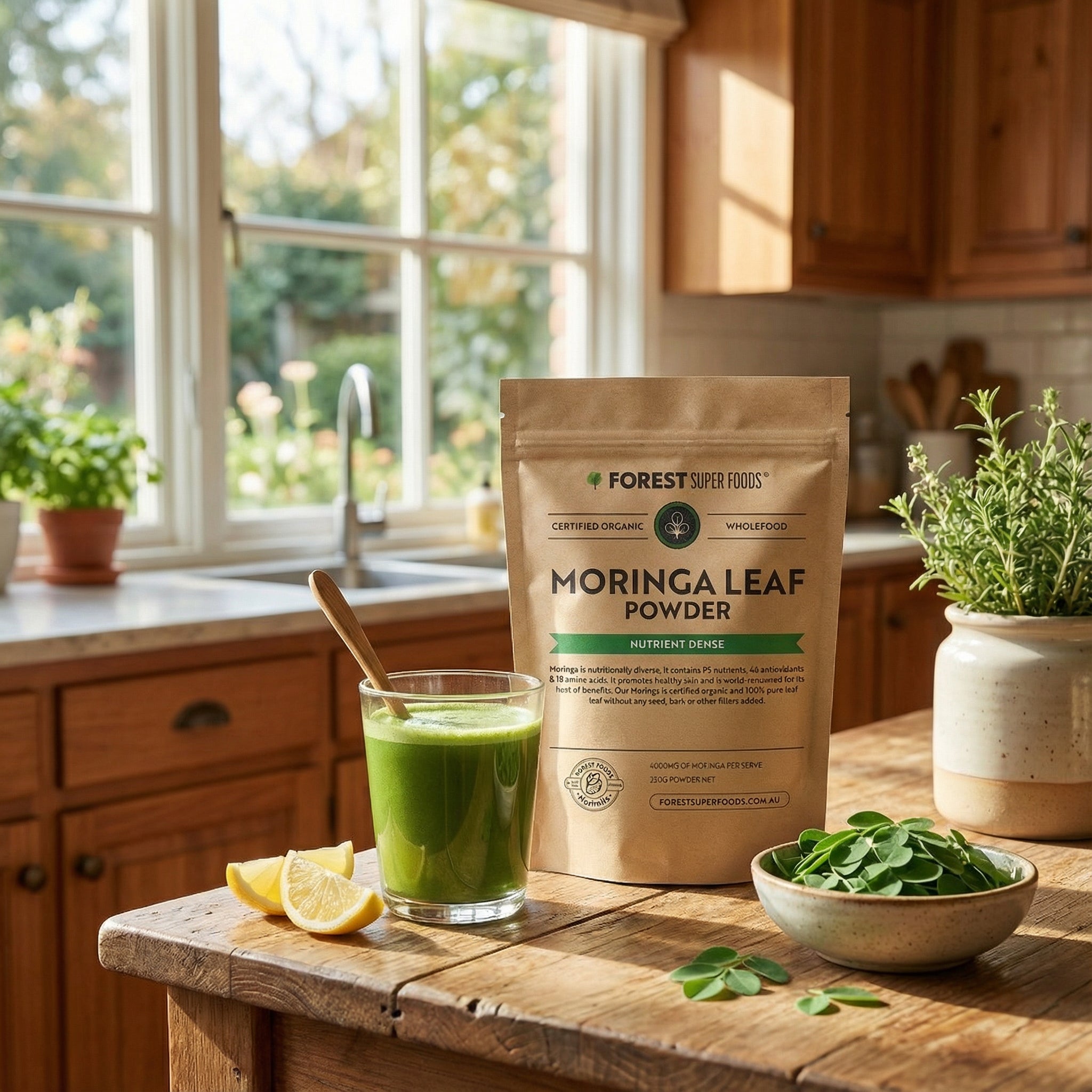 Organic Moringa Leaf Powder by Forest Super Foods displayed with fresh leaves, green smoothie, lemon wedges in bright kitchen setting