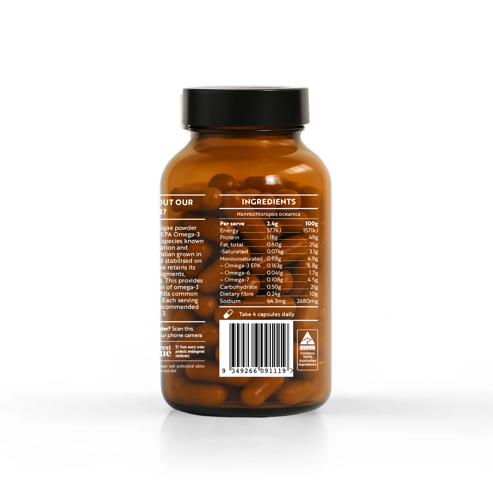 Amber bottle of Phyto Omega 3 by Forest Super Foods showing detailed nutritional ingredients and dosage information