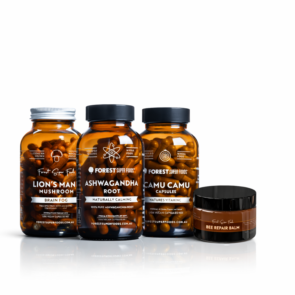 Super Food Essentials pack with Australian Lions Mane, Ashwagandha Root, Camu Camu capsules, and Bee Repair Balm in amber containers